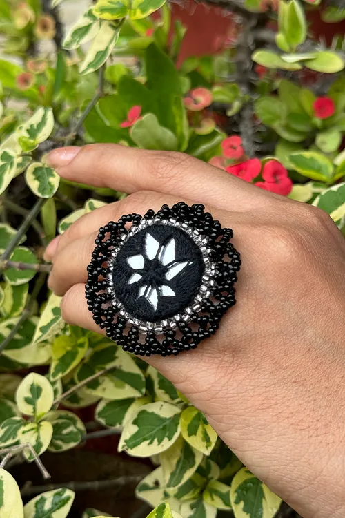 Antarang- Chandani (Black) Bead Jumki Ring,  100% Cotton. Hand Made By Divyang Rural Women.