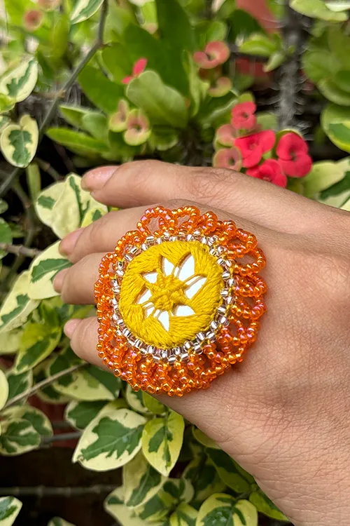Antarang- Haldi Pushpa(Yellow-Orange), Bead Jumki Ring,  100% Cotton. Hand Made By Divyang Rural Women.