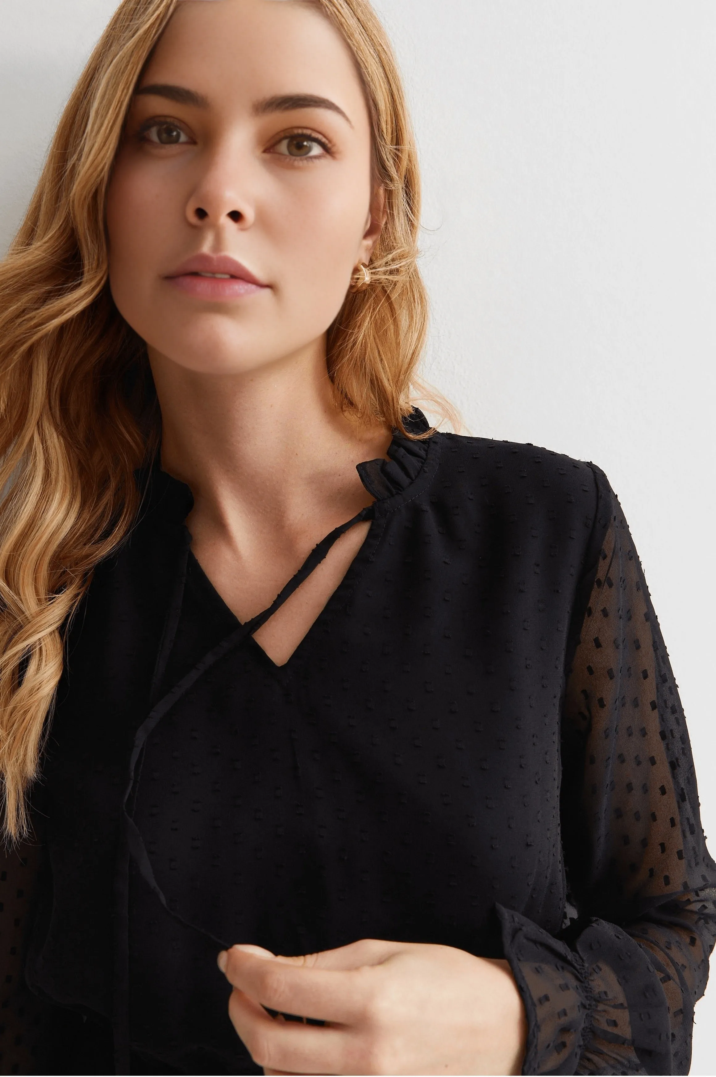 Black Spot Tie Neck Mini Dress
