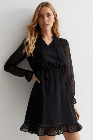 Black Spot Tie Neck Mini Dress
