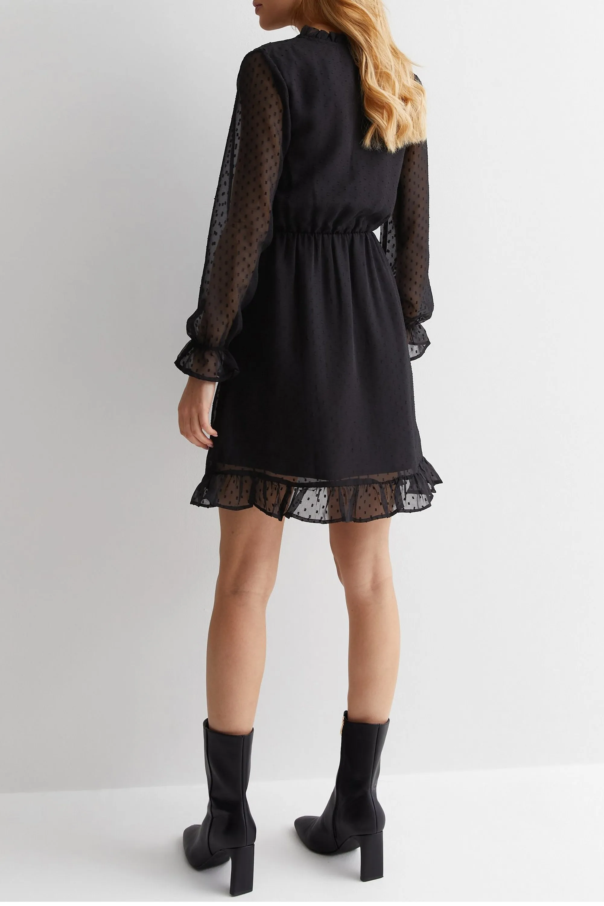 Black Spot Tie Neck Mini Dress