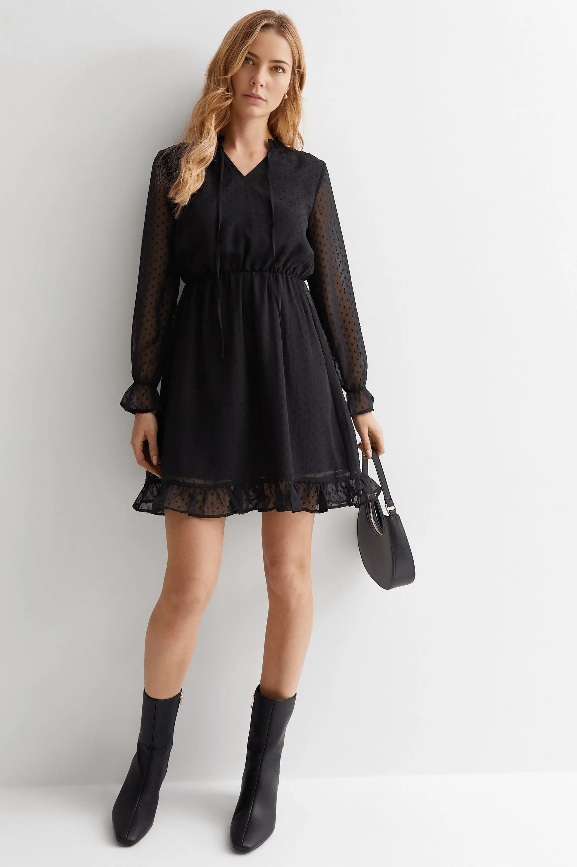Black Spot Tie Neck Mini Dress