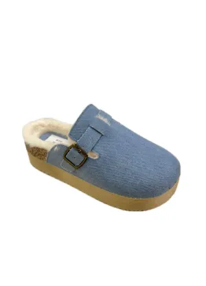 BLUE CHUNKY FLUFFY INSOLE FLATFORM FAUX SUEDE SLIPPERS WITH BUCKLE