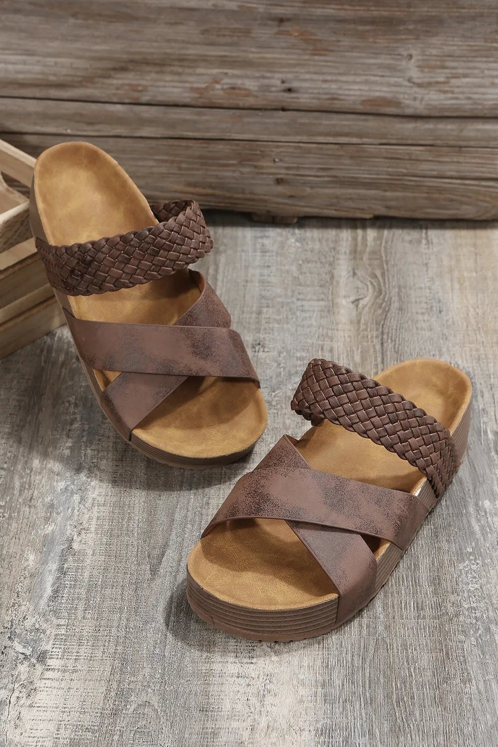Brown Braided Criss Cross Slippers