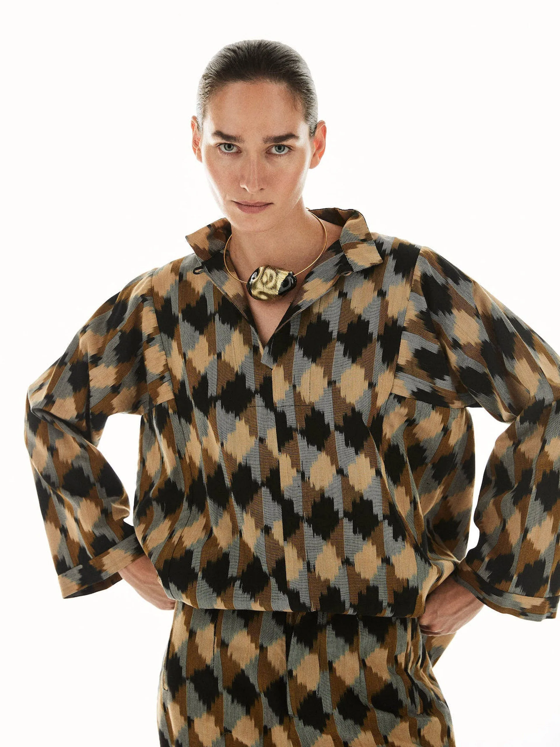 Brown cotton mulberry silk Ikat blouse