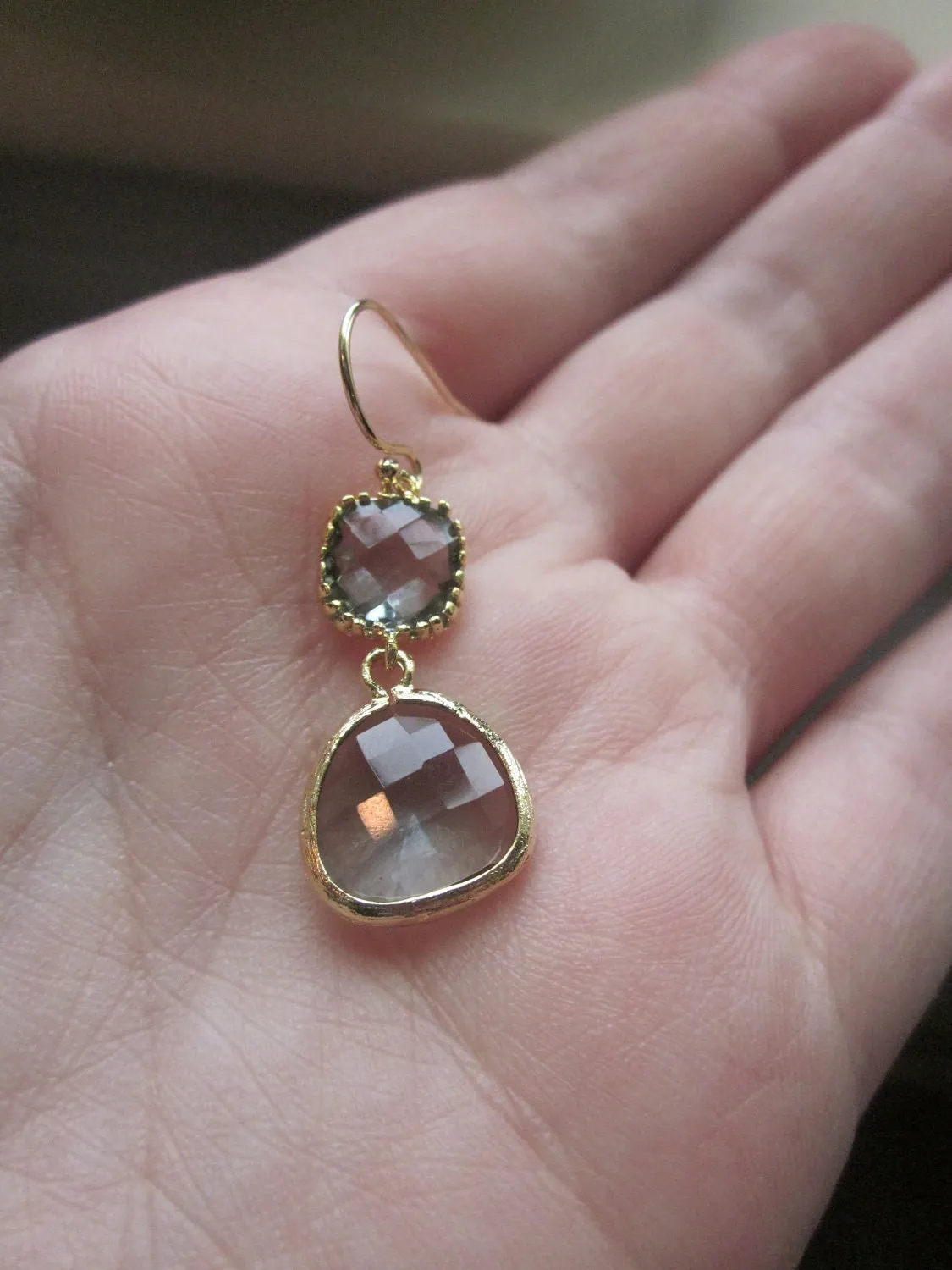 Charcoal Gray Earrings Gold Plated Two Tier - Bridesmaid Earrings - Wedding Earrings - Valentines Day Gift