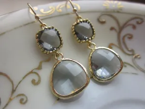 Charcoal Gray Earrings Gold Plated Two Tier - Bridesmaid Earrings - Wedding Earrings - Valentines Day Gift