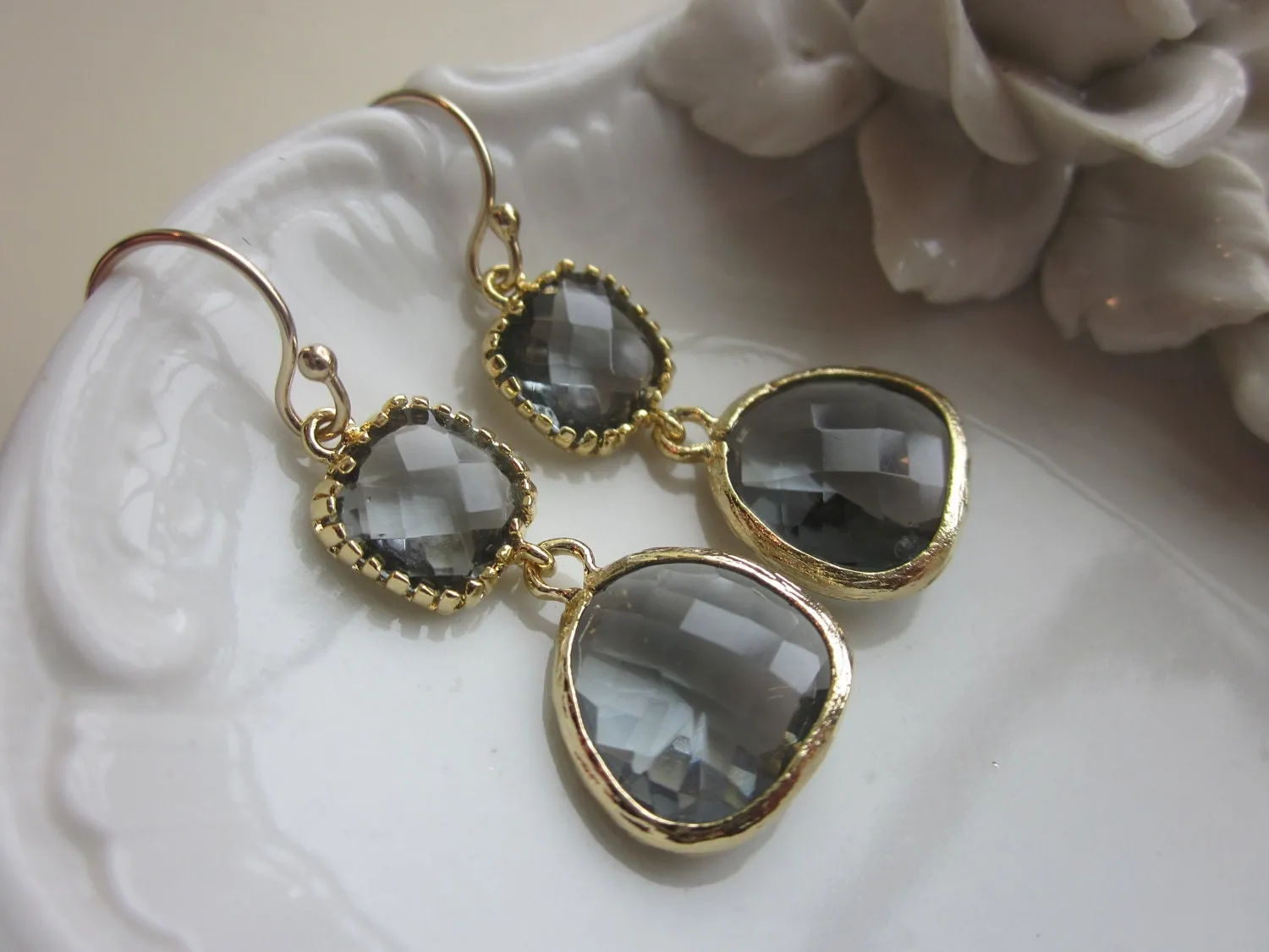 Charcoal Gray Earrings Gold Plated Two Tier - Bridesmaid Earrings - Wedding Earrings - Valentines Day Gift