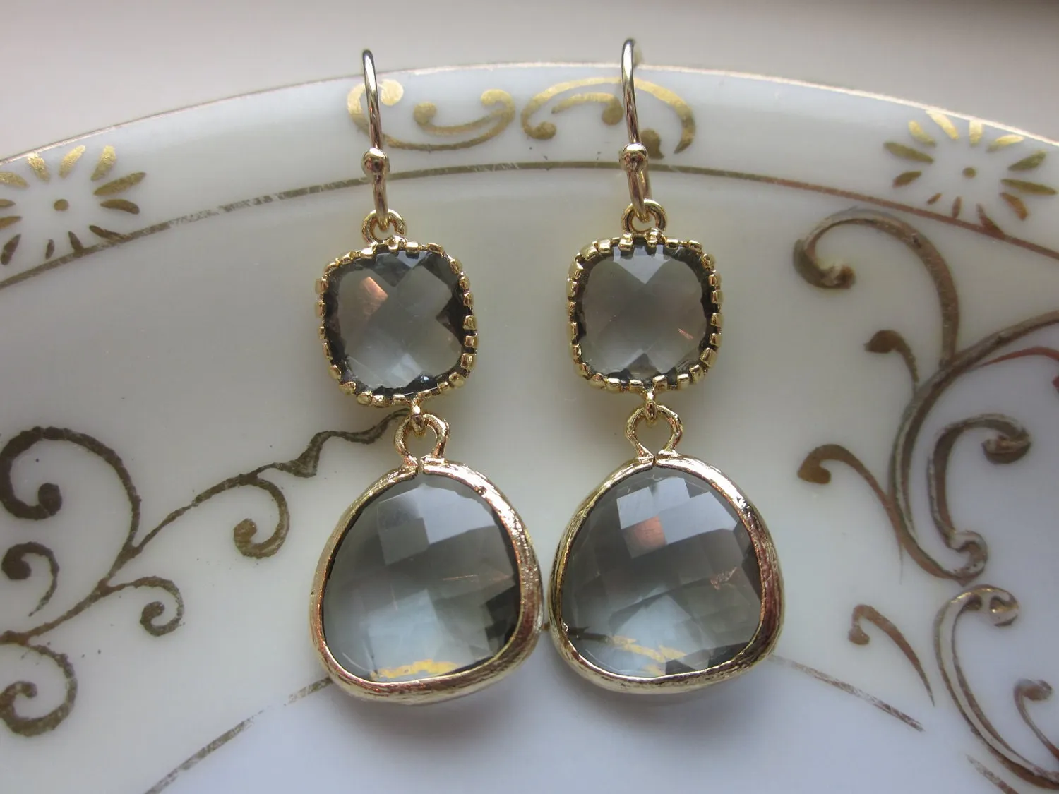 Charcoal Gray Earrings Gold Plated Two Tier - Bridesmaid Earrings - Wedding Earrings - Valentines Day Gift