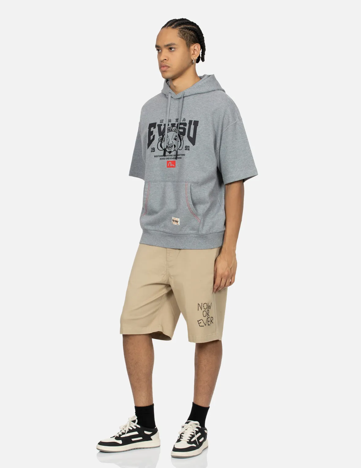 Godhead Embroidery and Multi-prints Loose Fit Short-Sleeve Hooded Sweatshirt