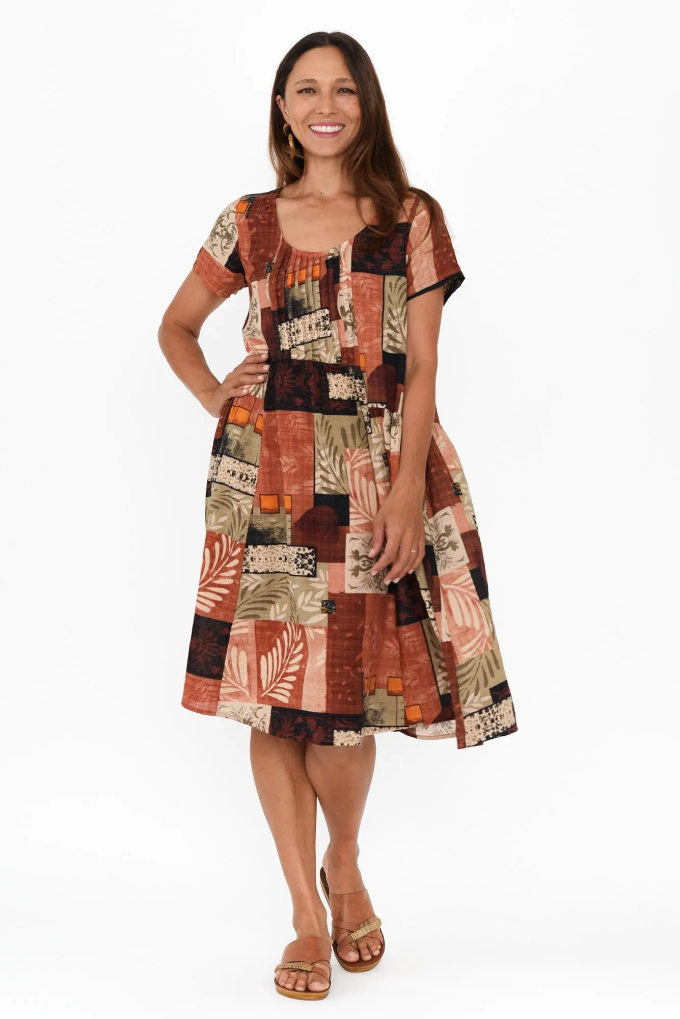 Hanoi Brown Patchwork Cotton Blend Dress