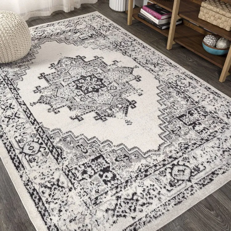 Inigo Cottage Medallion 60"L x 36"W Area Rug - Dark Gray/Cream