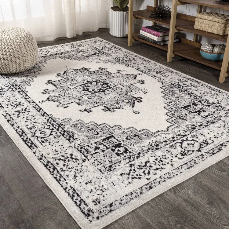 Inigo Cottage Medallion 60"L x 36"W Area Rug - Dark Gray/Cream