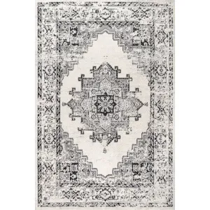 Inigo Cottage Medallion 60"L x 36"W Area Rug - Dark Gray/Cream