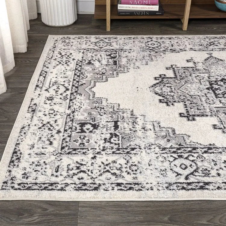 Inigo Cottage Medallion 60"L x 36"W Area Rug - Dark Gray/Cream