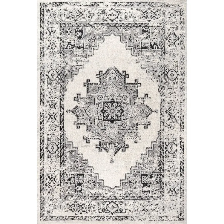 Inigo Cottage Medallion 60"L x 36"W Area Rug - Dark Gray/Cream