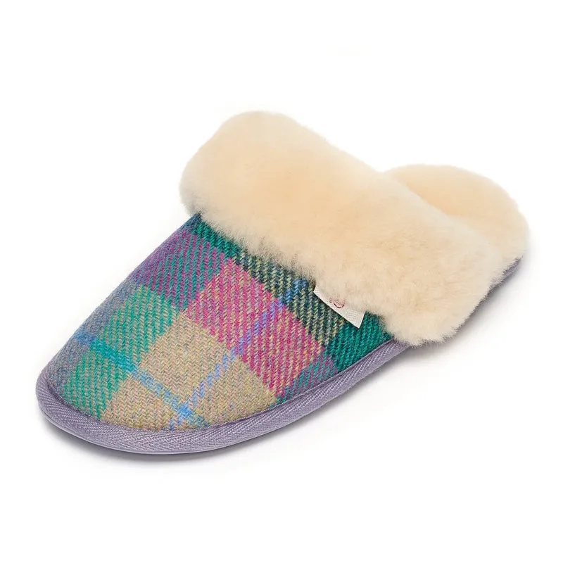 Kate - Harris Tweed Mule - Lilac / Blue check