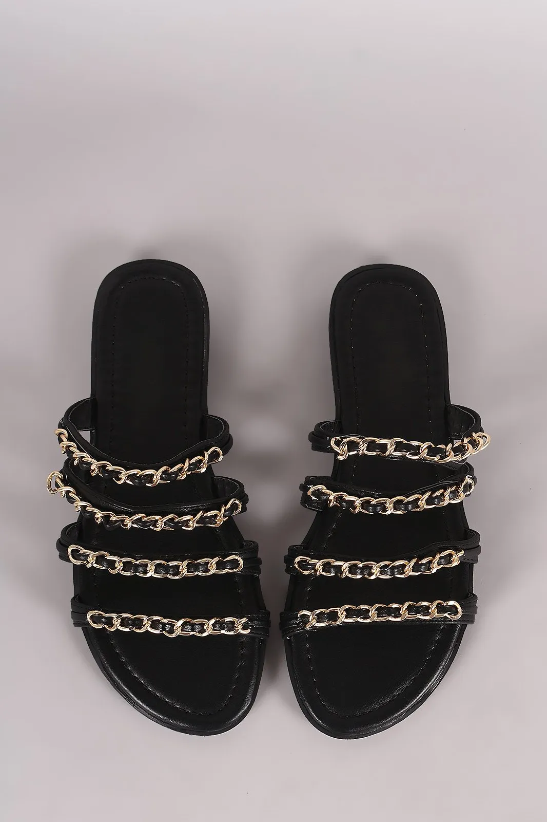 Leather Strappy Chain-Embellished Open Toe Slip On Sandal