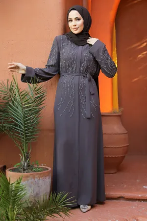 Naz Gray Long Belted Abaya With Long Sleeves