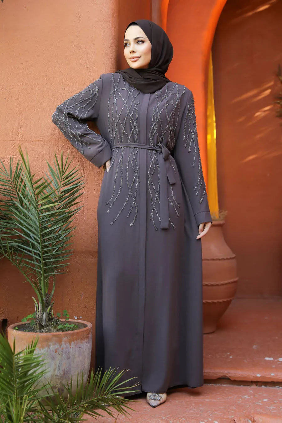 Naz Gray Long Belted Abaya With Long Sleeves