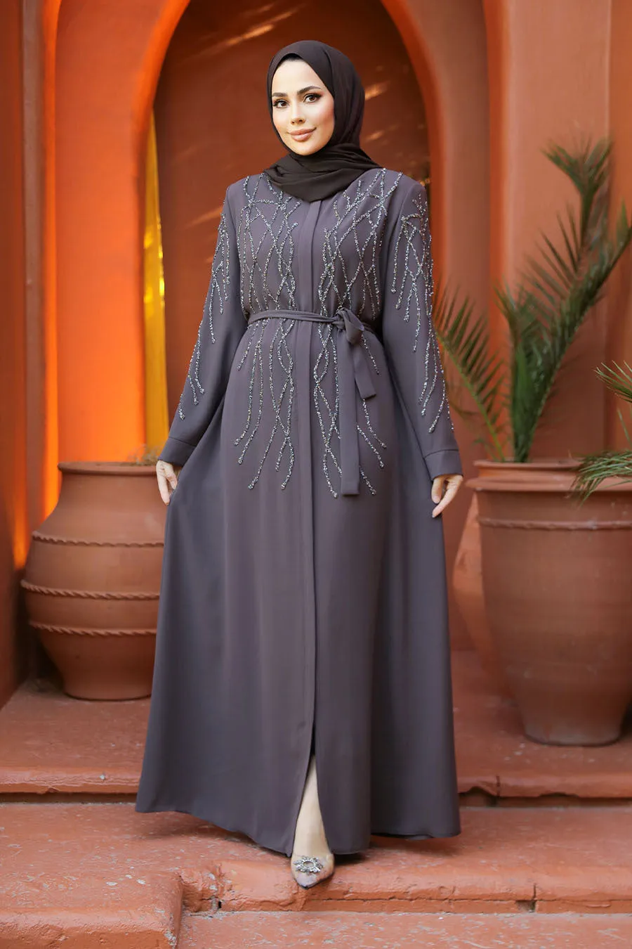 Naz Gray Long Belted Abaya With Long Sleeves