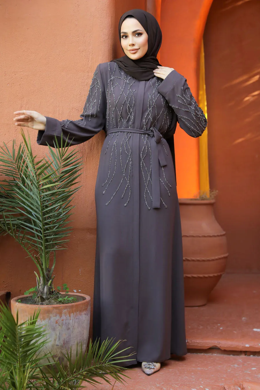 Naz Gray Long Belted Abaya With Long Sleeves