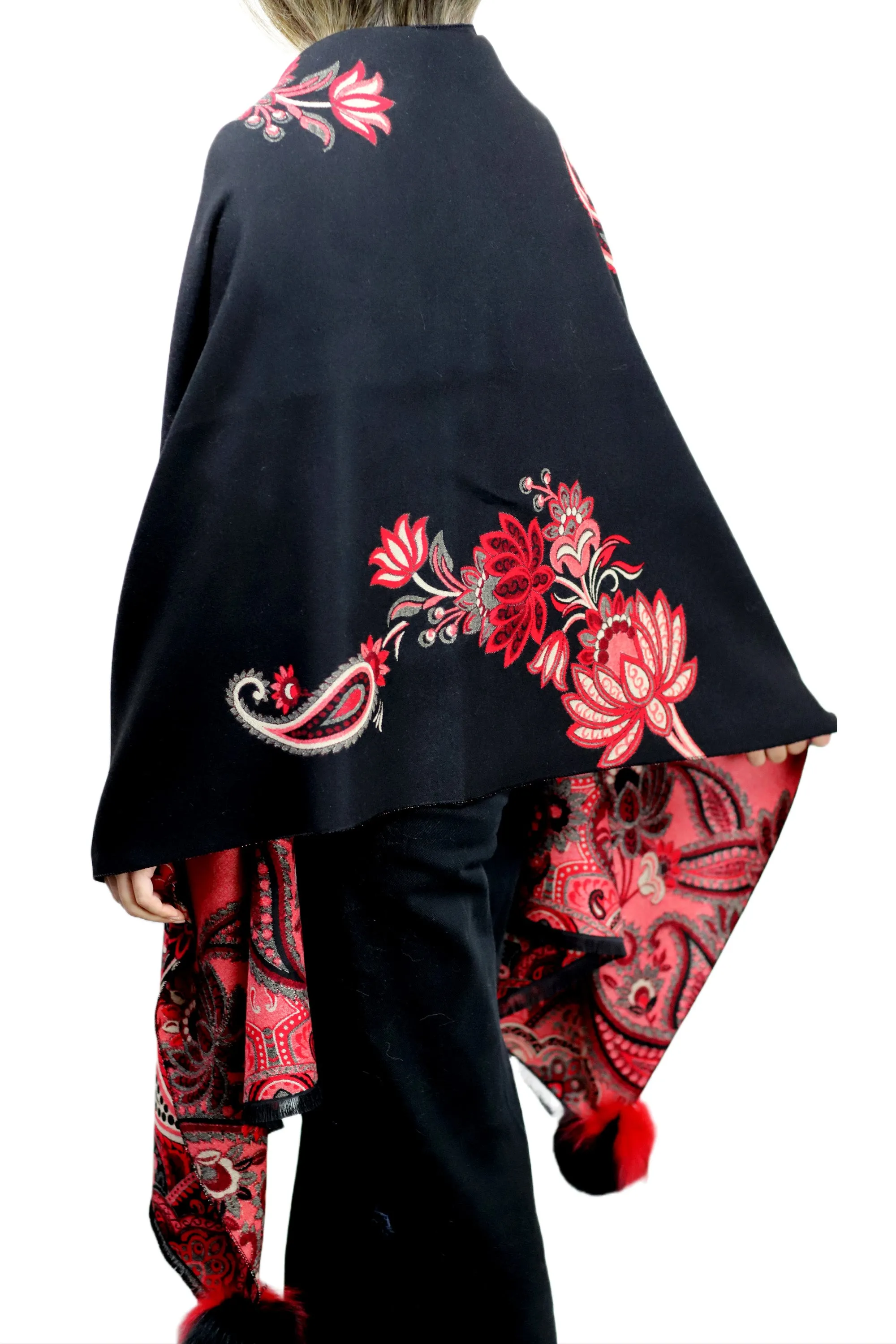 Paisley Print Wrap with Fox Poms - Black & Red