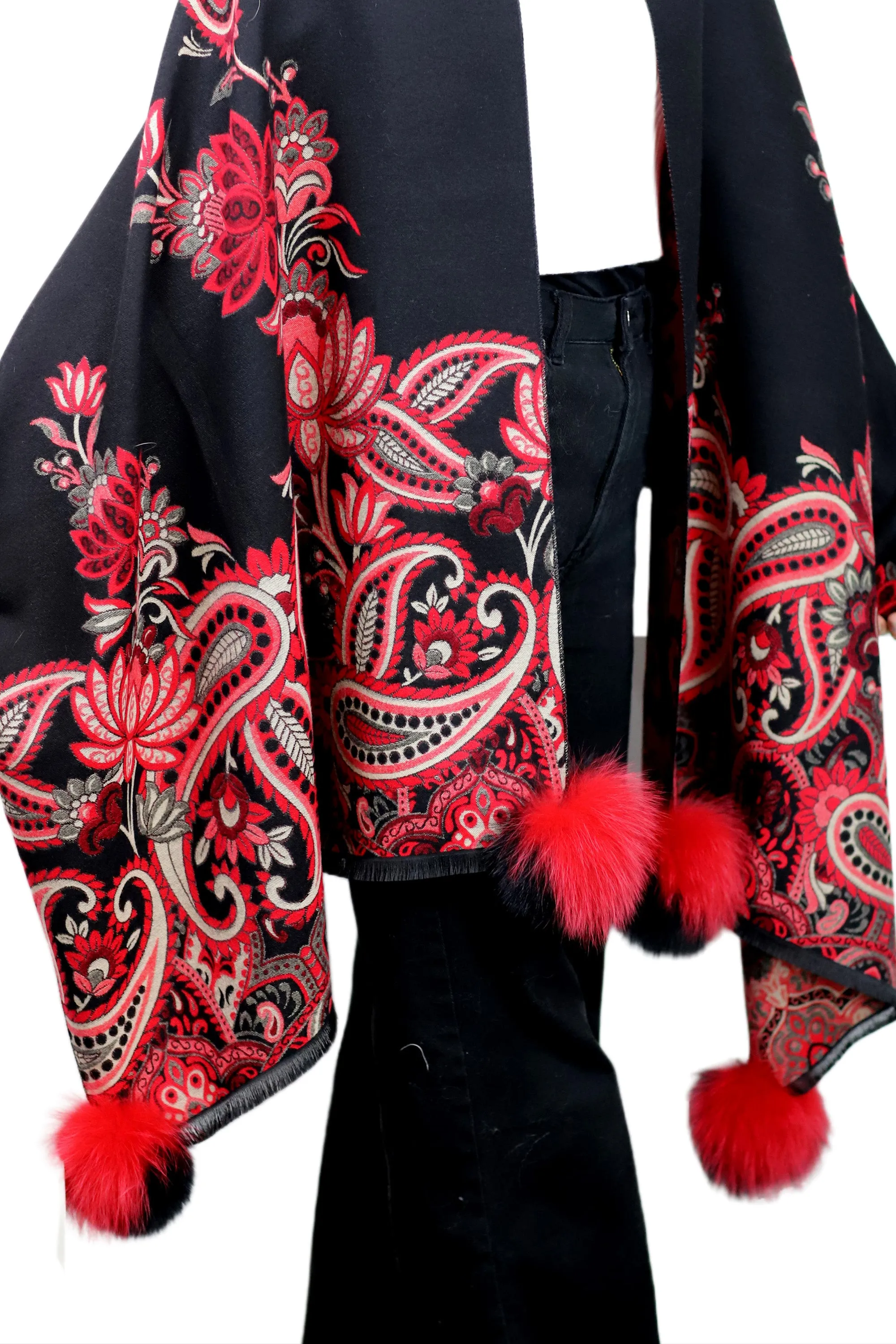 Paisley Print Wrap with Fox Poms - Black & Red