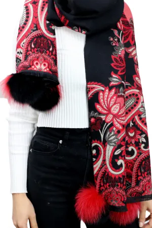 Paisley Print Wrap with Fox Poms - Black & Red