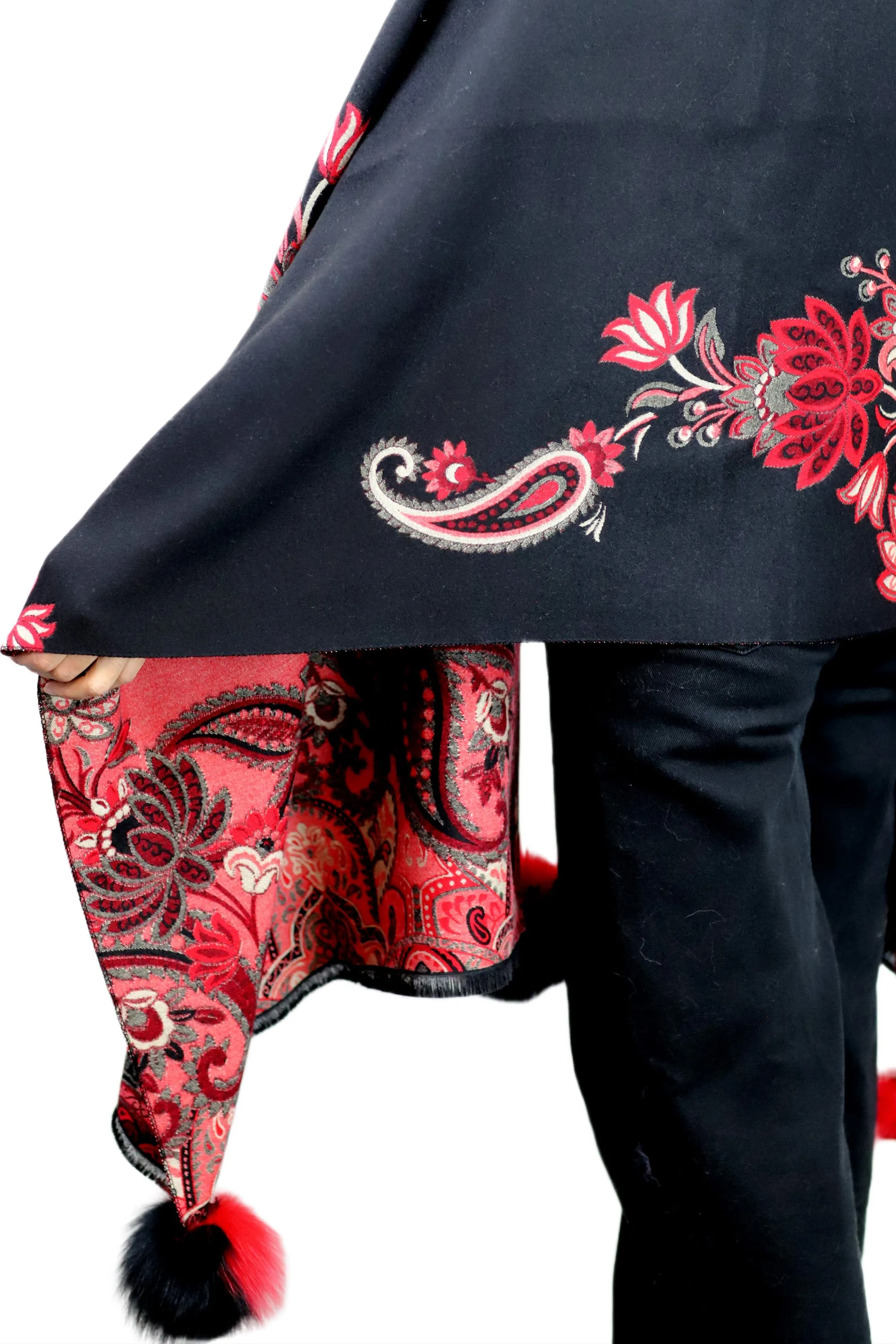 Paisley Print Wrap with Fox Poms - Black & Red
