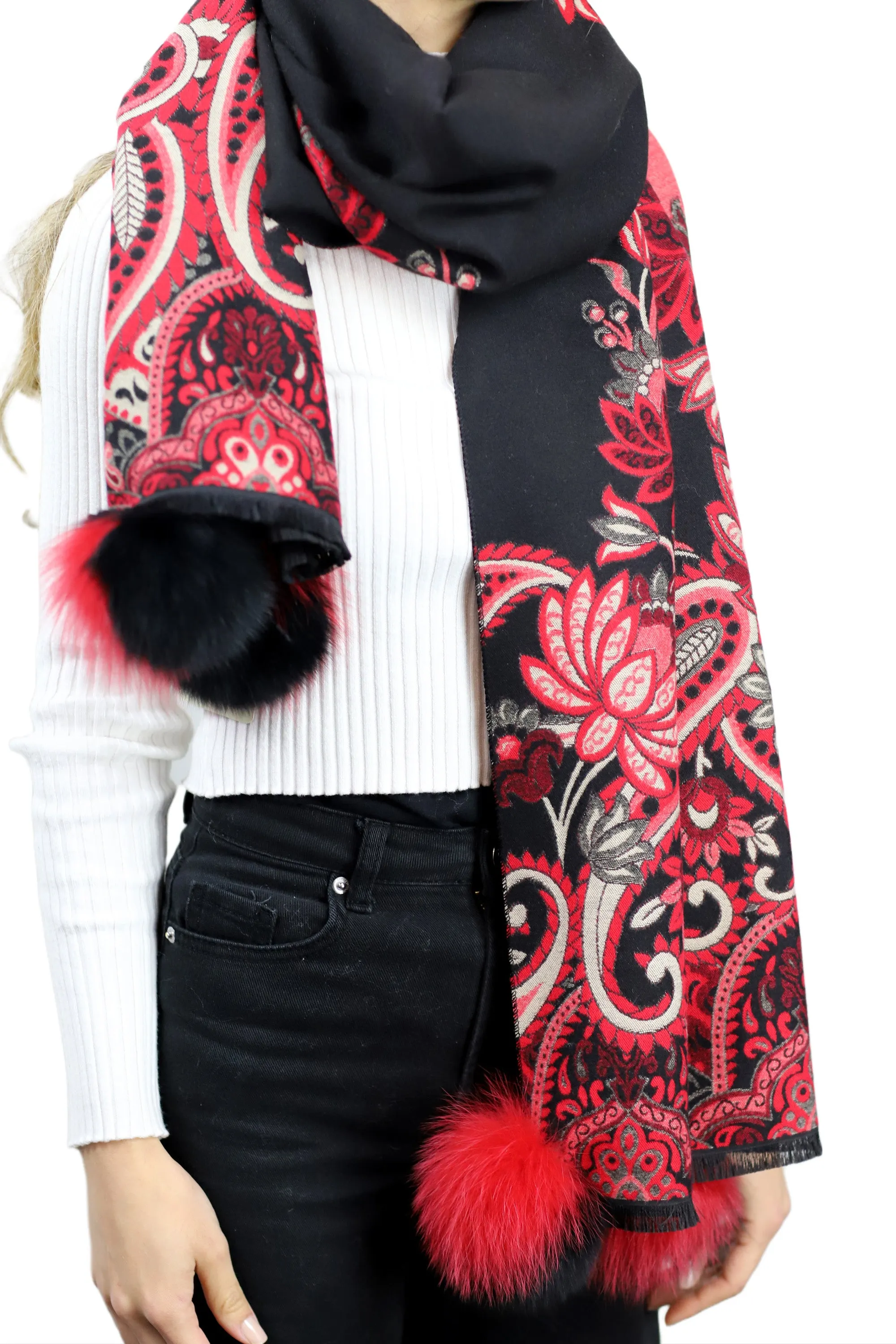 Paisley Print Wrap with Fox Poms - Black & Red