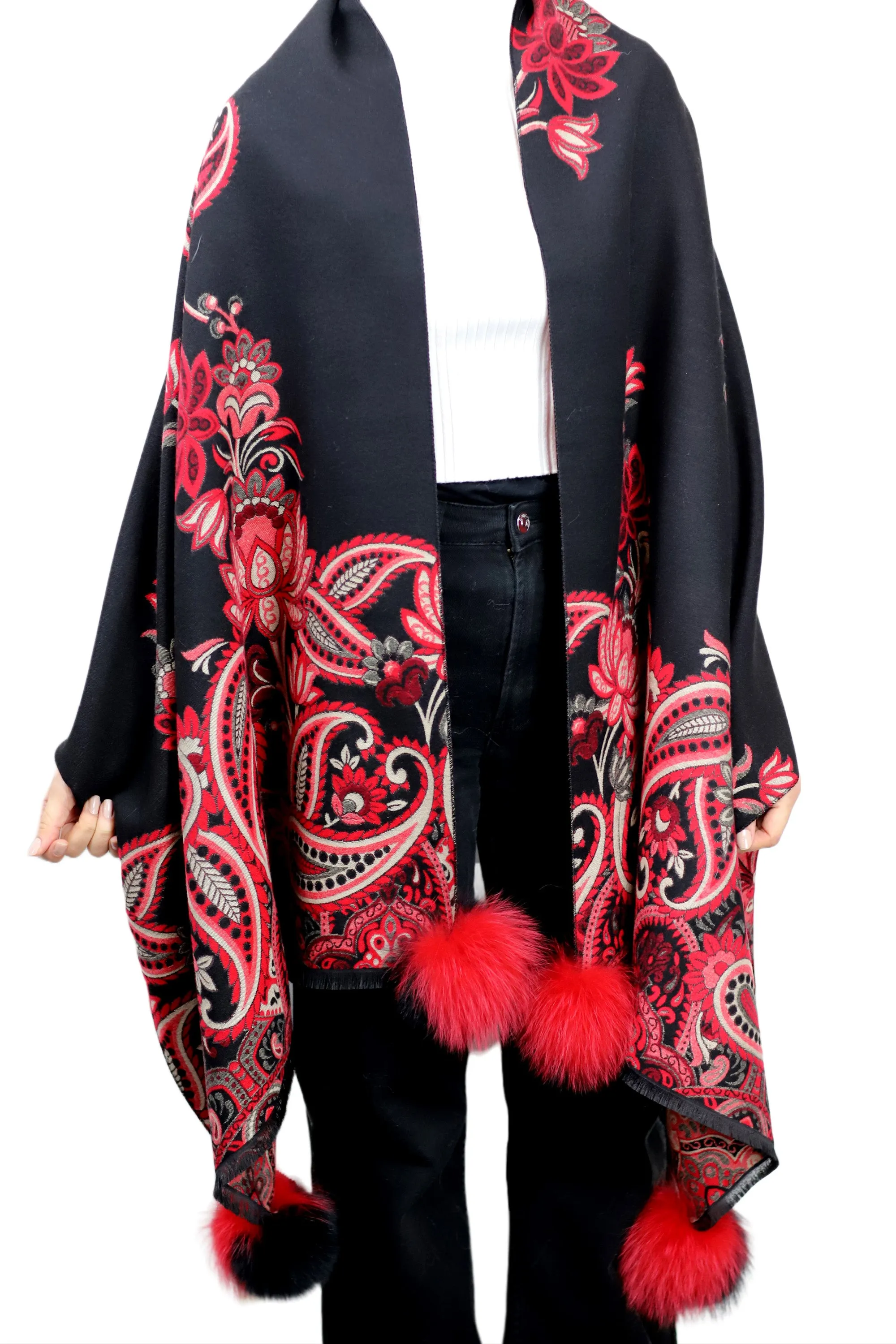Paisley Print Wrap with Fox Poms - Black & Red