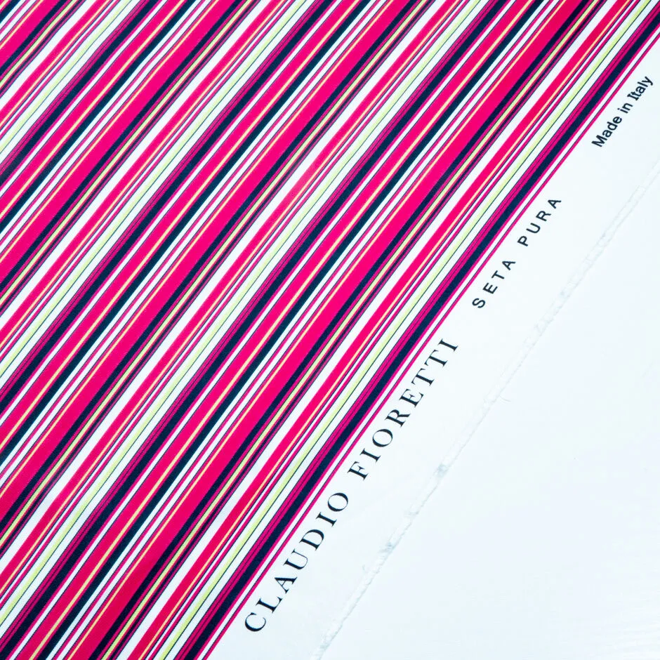 Pink, Black & White Stripe Printed Pure Silk Twill