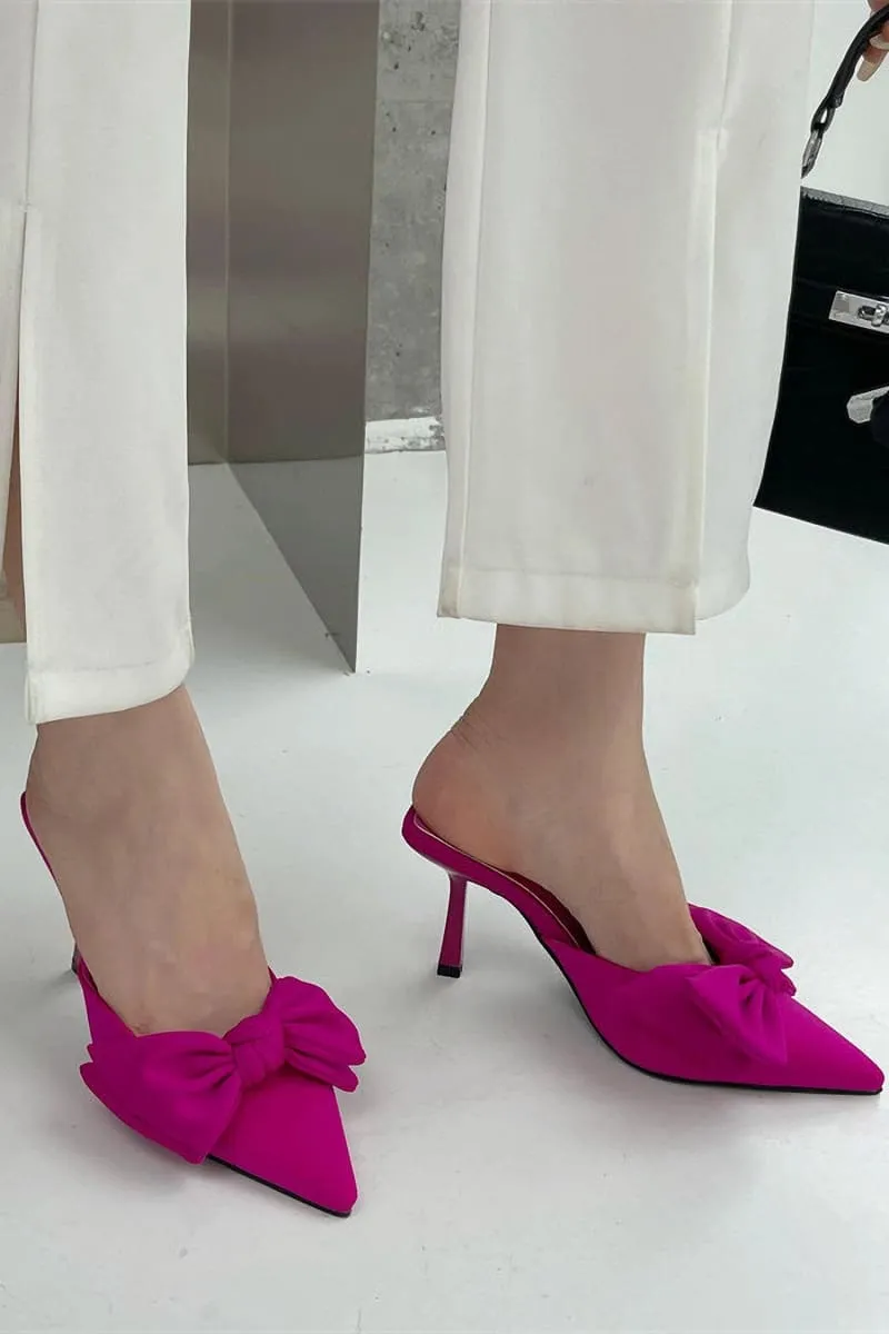 Pink Pointed Toe Knot Kitten Heels Mule