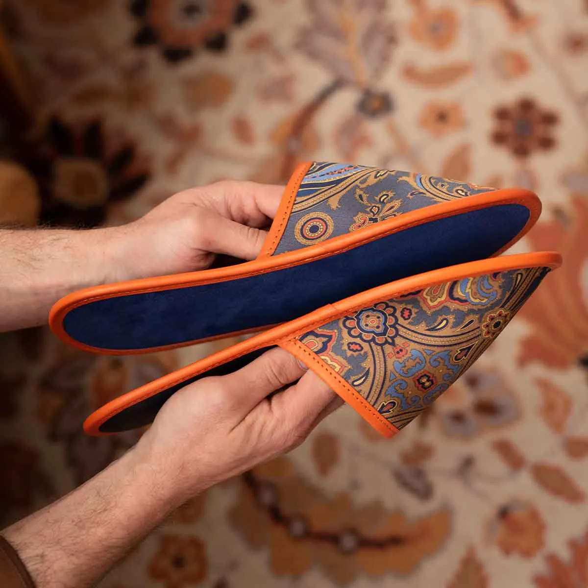 Royal Blue and Orange Silk & Leather Slippers