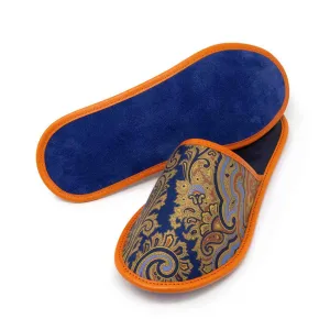 Royal Blue and Orange Silk & Leather Slippers