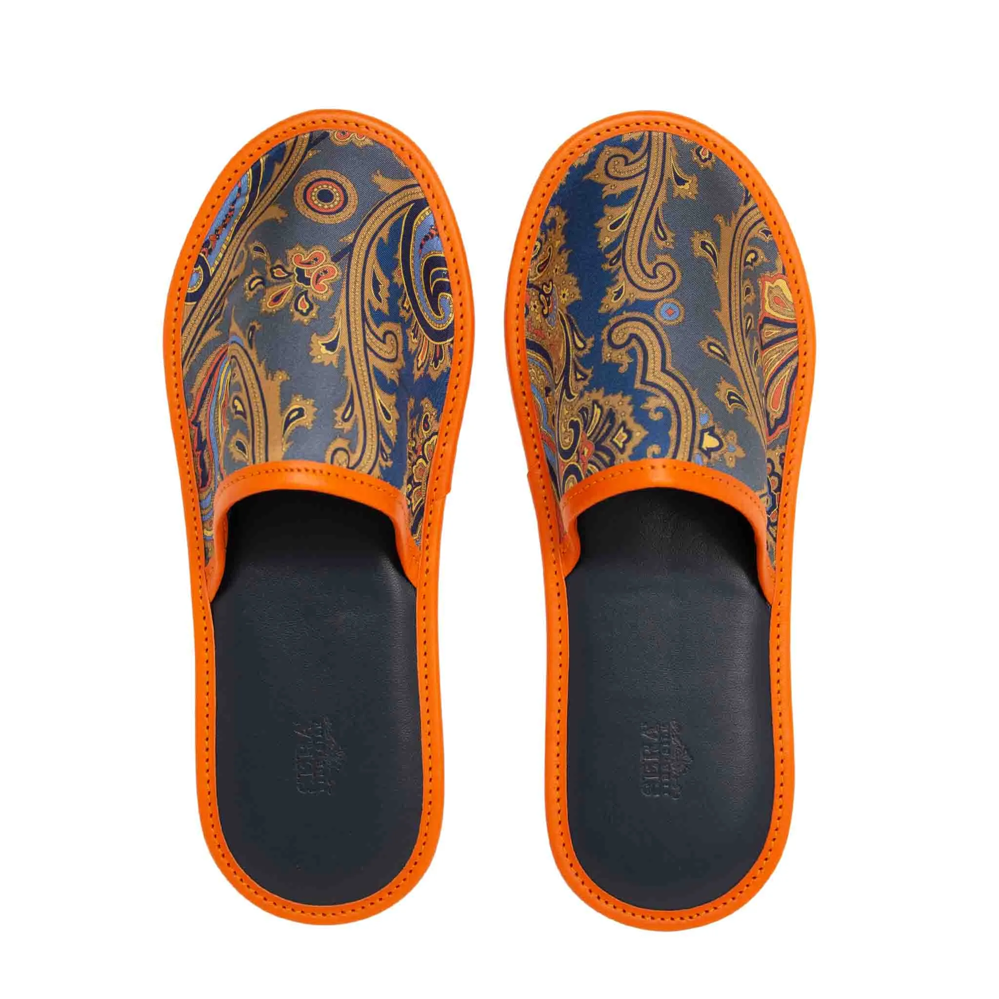 Royal Blue and Orange Silk & Leather Slippers