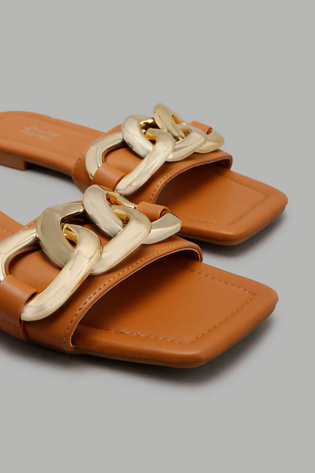Tan Mule With Chain Trim