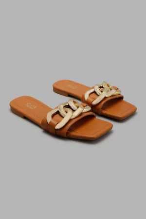 Tan Mule With Chain Trim