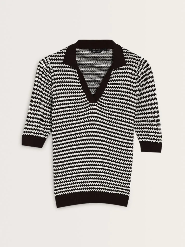 Wardrobe Dark Brown Geometric Printed Knitted Top