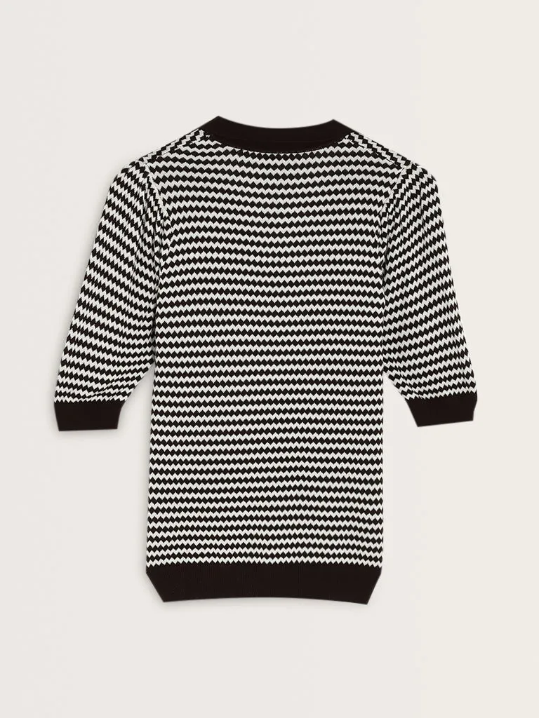 Wardrobe Dark Brown Geometric Printed Knitted Top