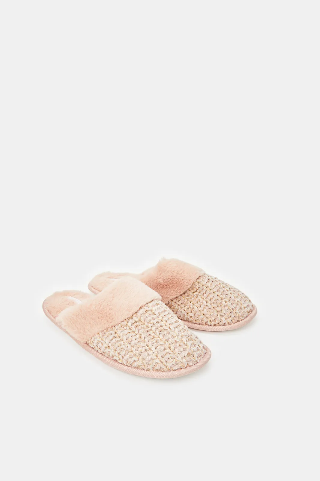 Women Pink Fur Trim Slipper