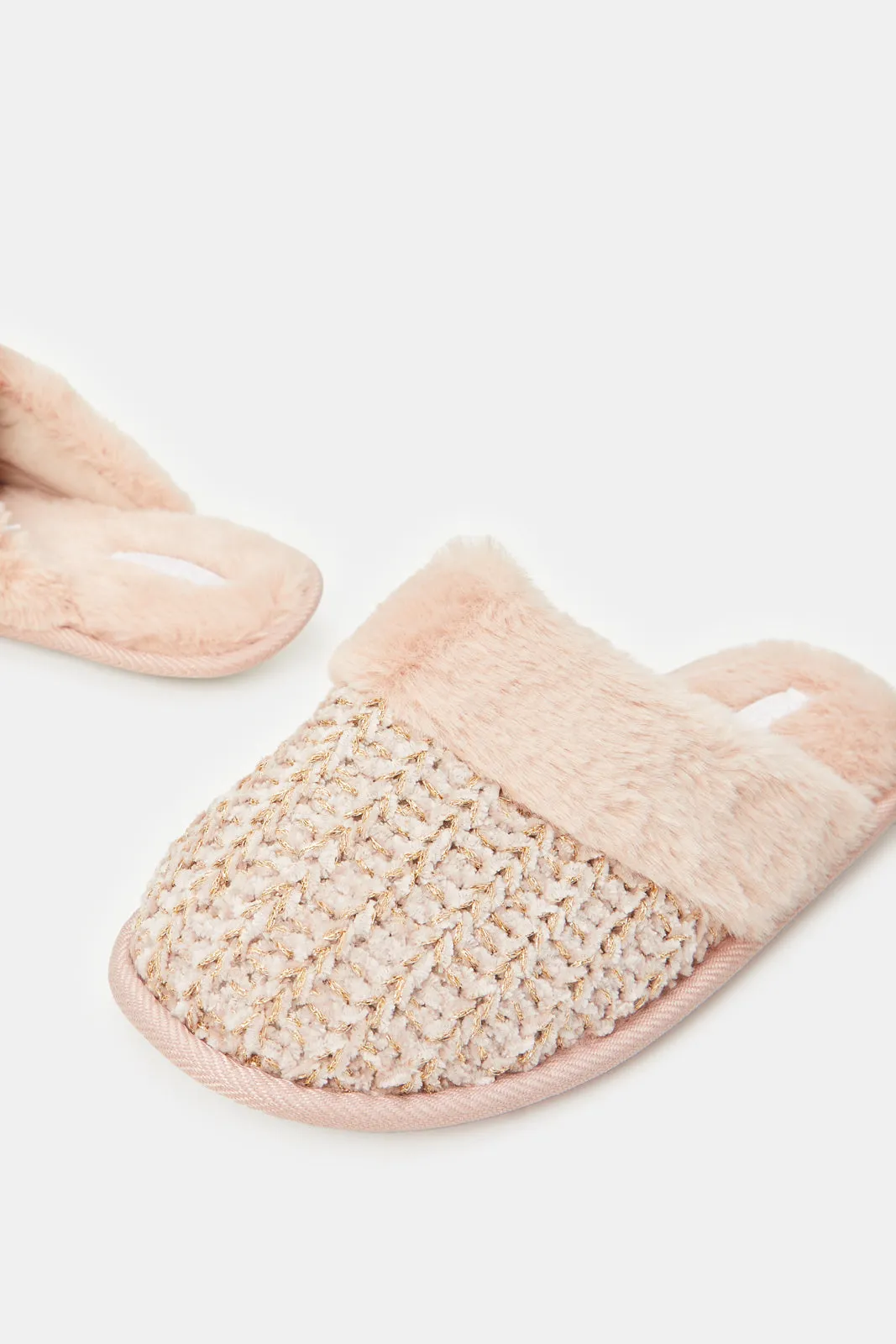 Women Pink Fur Trim Slipper