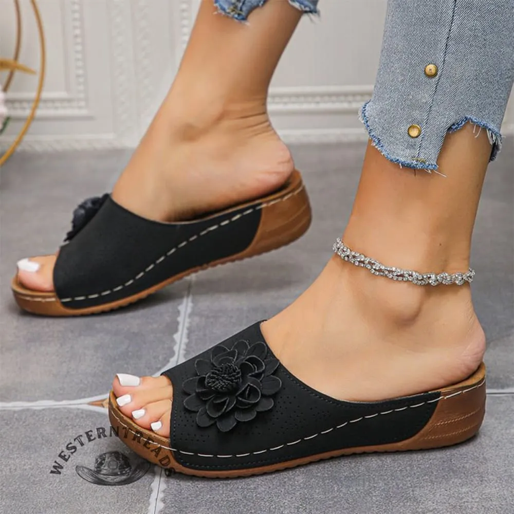 Women's Floral Wedge Open Toe Outerwear Slippers