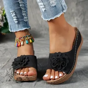 Women's Floral Wedge Open Toe Outerwear Slippers