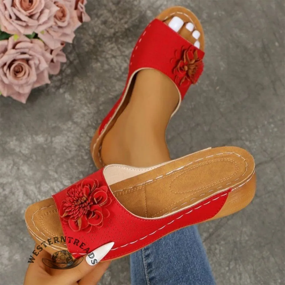 Women's Floral Wedge Open Toe Outerwear Slippers