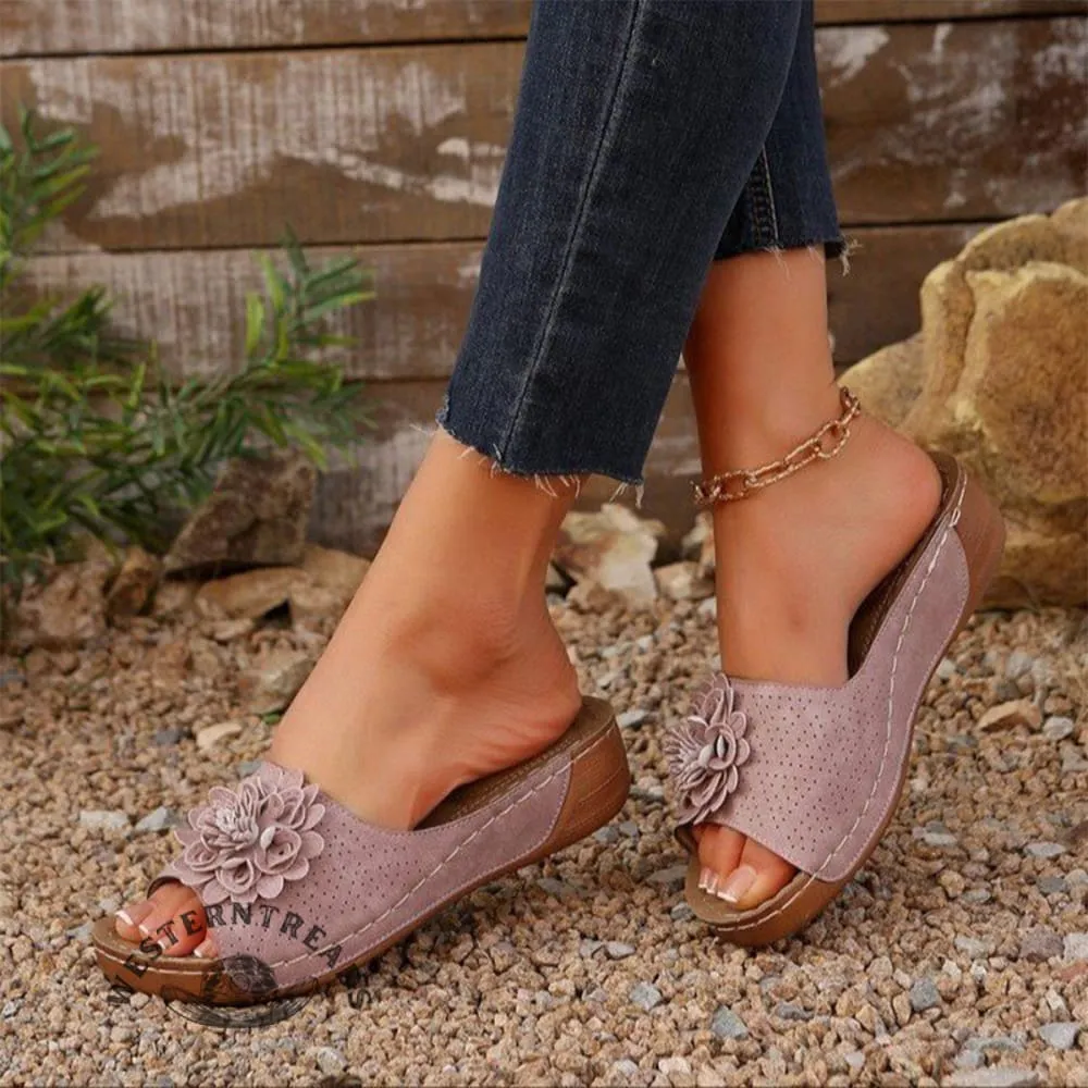 Women's Floral Wedge Open Toe Outerwear Slippers